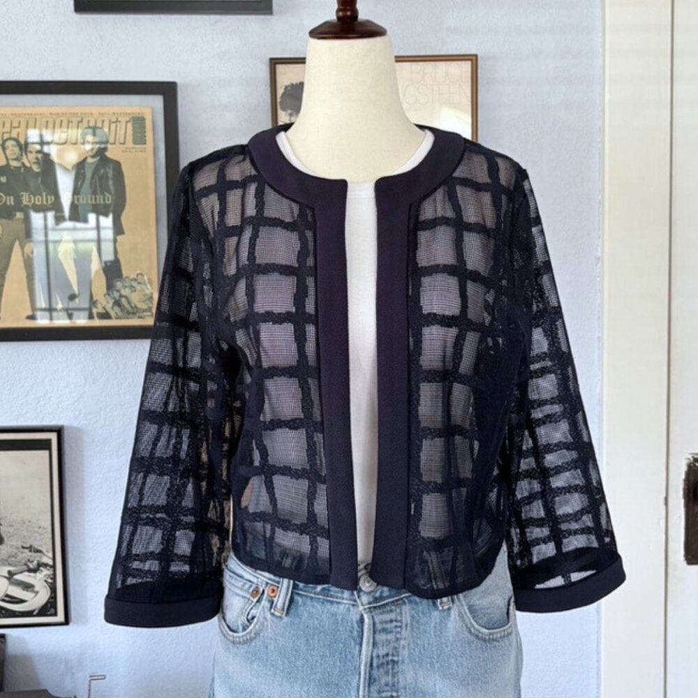 Maya Brooke Dark Navy Blue Jacket Mesh Windowpane… - image 1